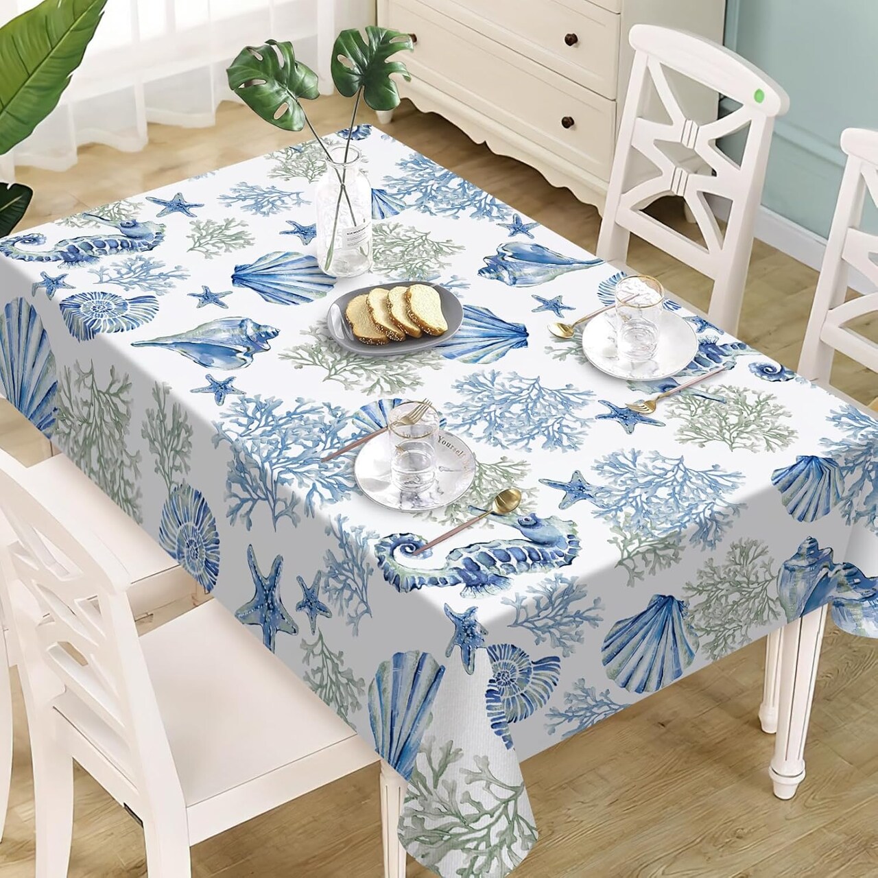 Blue Beach Tablecloth 60 x 84 Inches – Coastal Ocean Table Cover with Conch, Coral, Starfish & Seahorse for Summer Dining, Picnic, or Party Decor